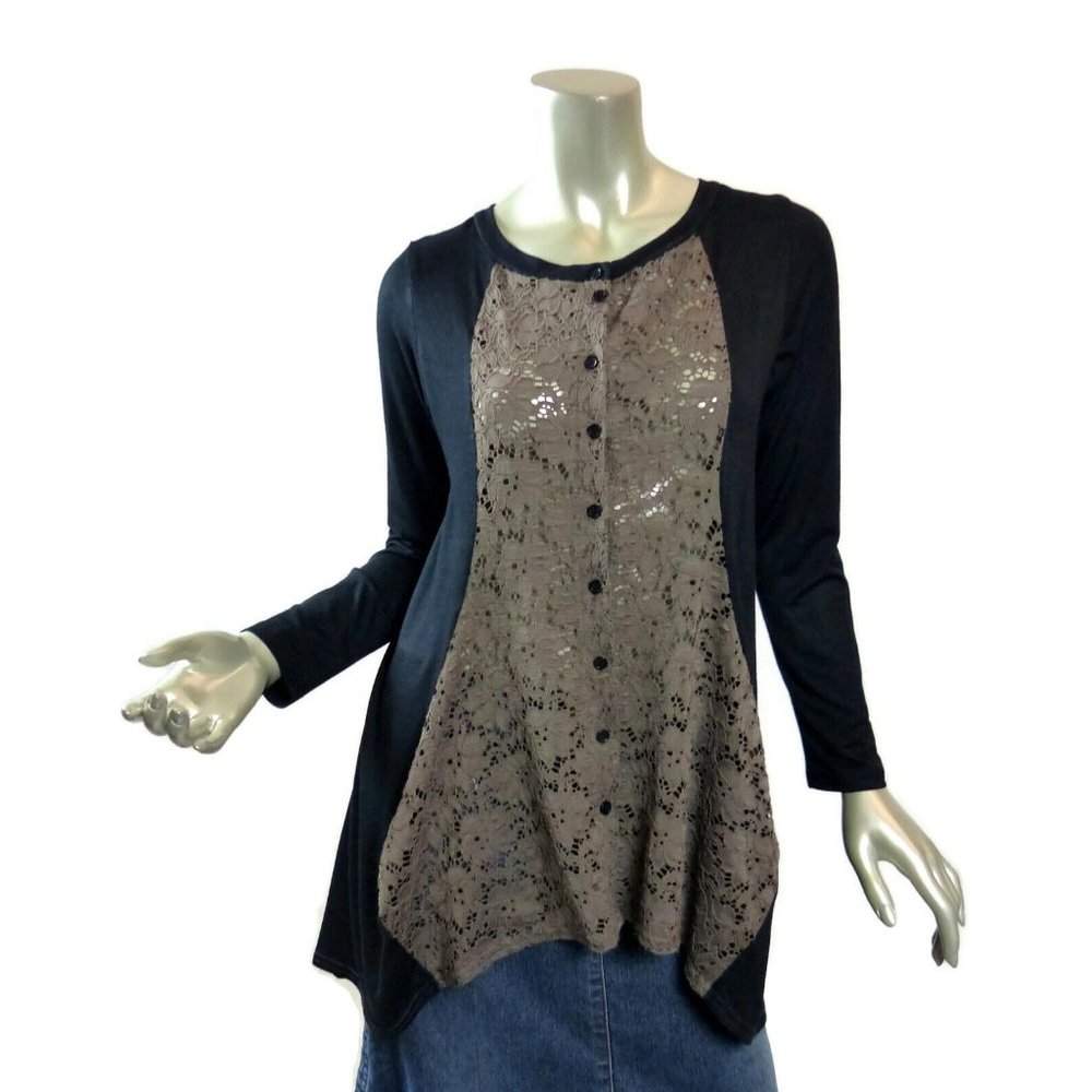 Comfy USA Lace Front Tunic Size Small Black and Beige Asymmetric Hem Artsy